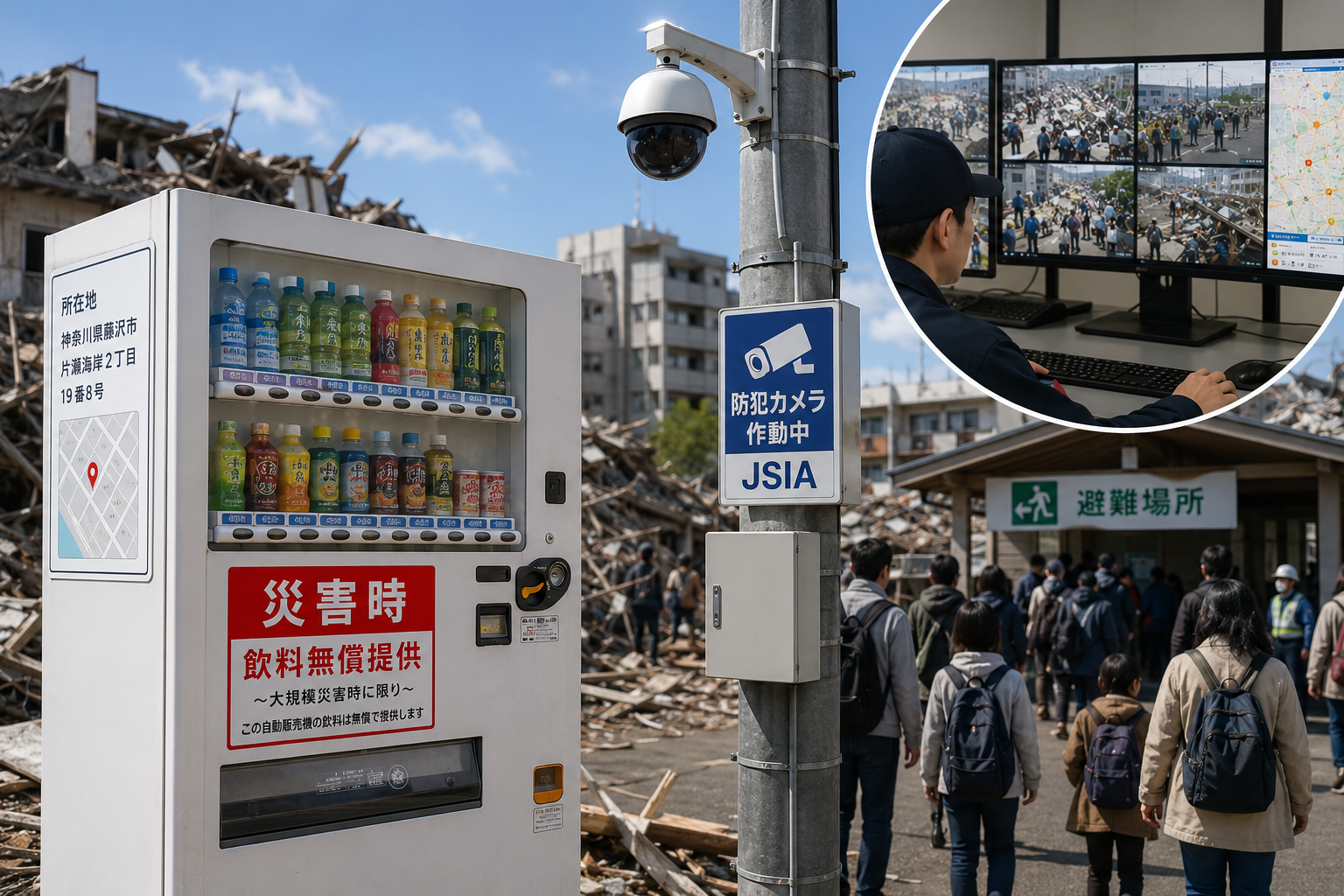 災害時の自動販売機の役割:飲料無償提供・所在地表示・遠隔監視(イメージ)