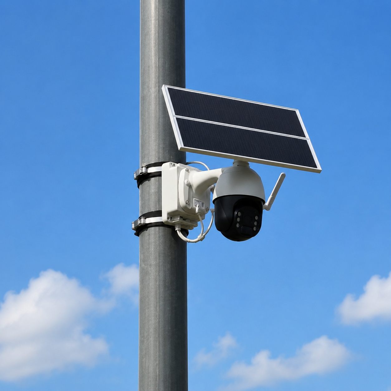 ソーラーパネルと防犯カメラを電柱に設置したソーラー防犯カメラ SolGuard