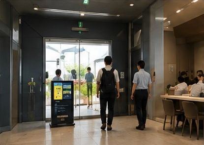 庁舎の入口の近くに置いた縦型のサイネージ