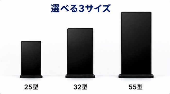 25型・32型・55型の3つの大きさの縦型サイネージ